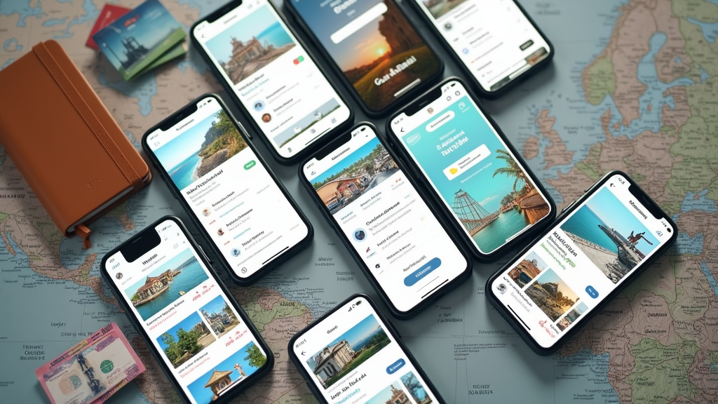 Travel tech apps on smartphone screens with maps and price icons, hotel and hostel icons, and other travel symbols on a wooden table with travel gear.
